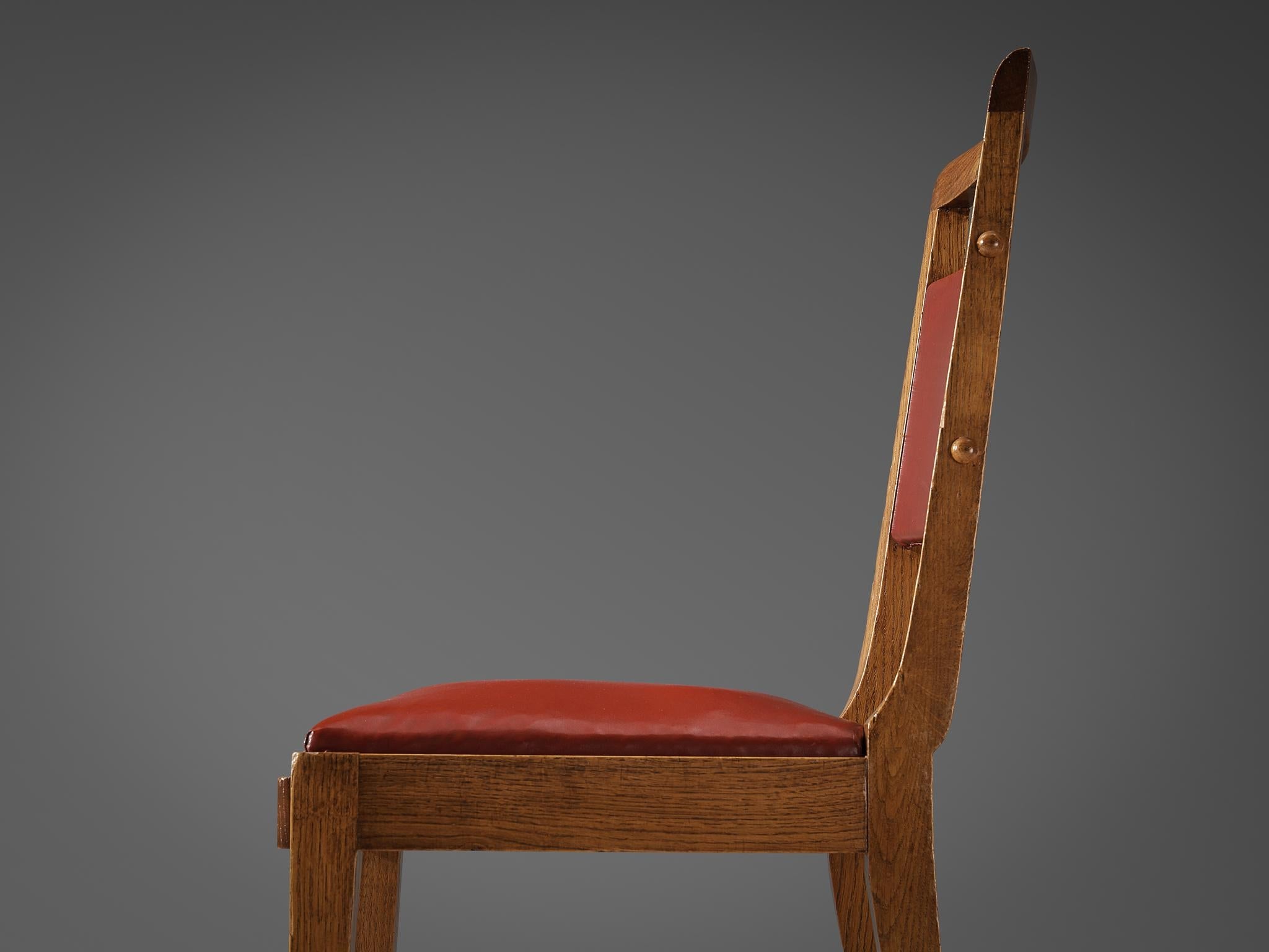 French Art Deco Pair of Dining Chairs in Oak and Red Upholstery