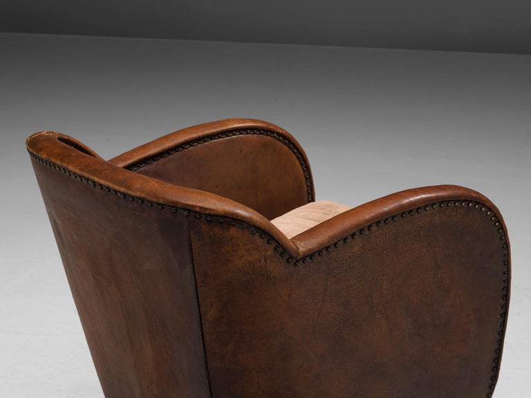 Scandinavian Club Chair in Patinated Brown Leather