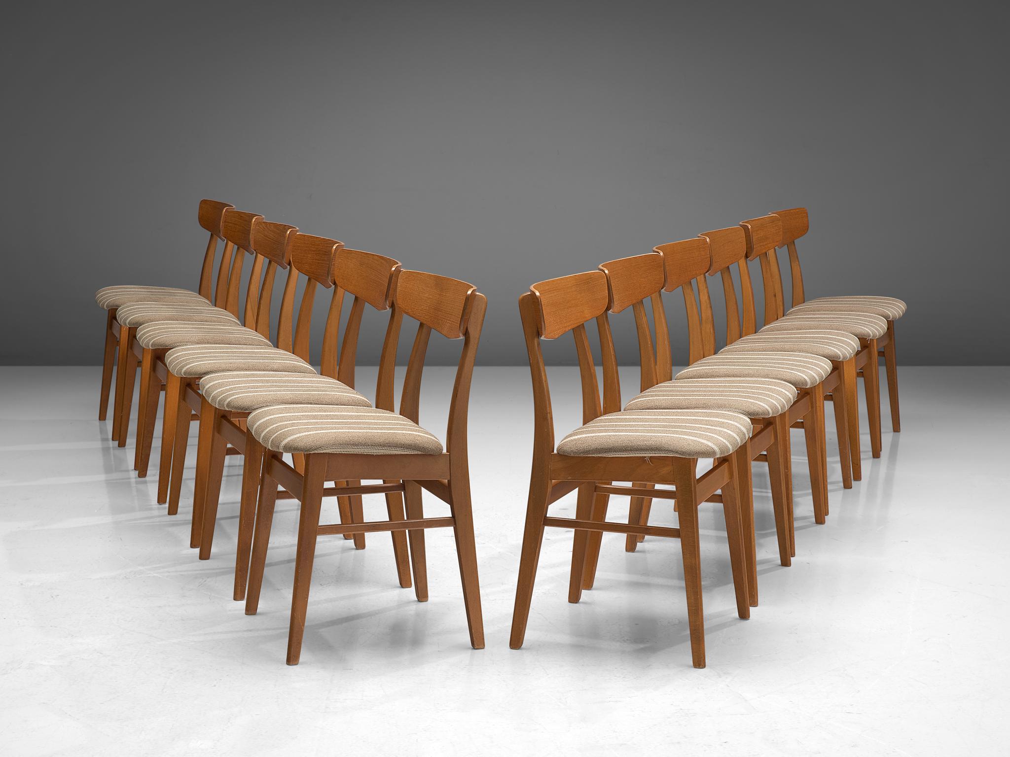 Danish Dining Chairs in Teak and Beige Striped Upholstery