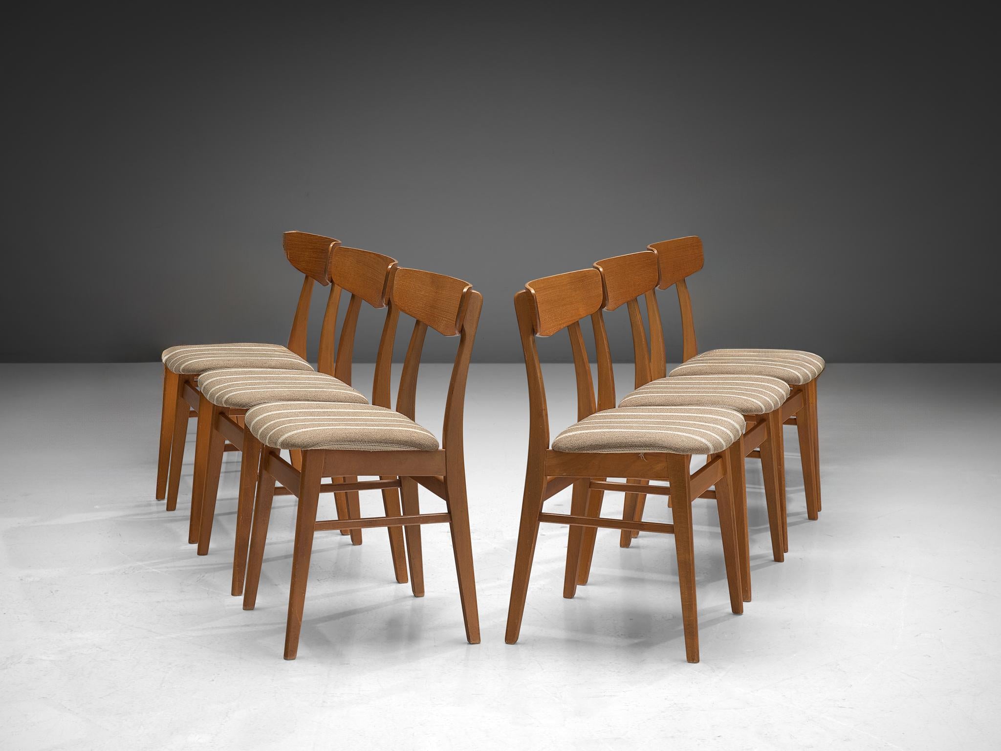 Danish Dining Chairs in Teak and Beige Striped Upholstery