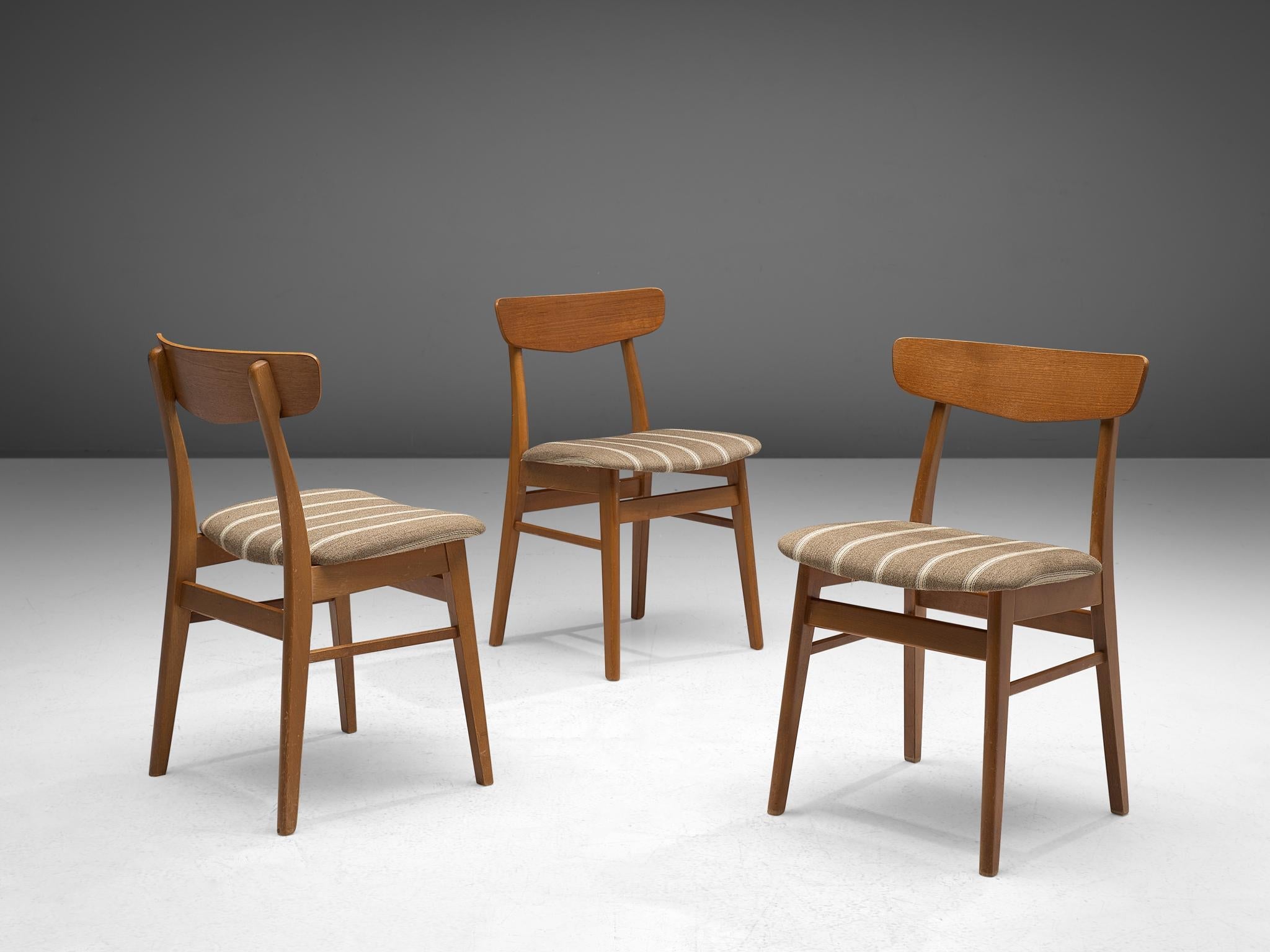 Danish Dining Chairs in Teak and Beige Striped Upholstery