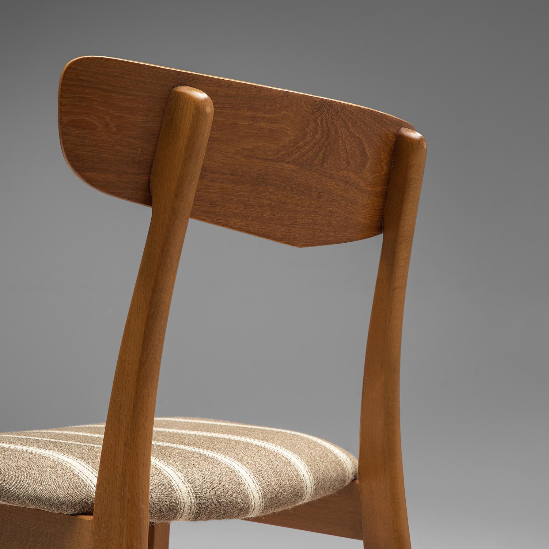 Danish Dining Chairs in Teak and Beige Striped Upholstery