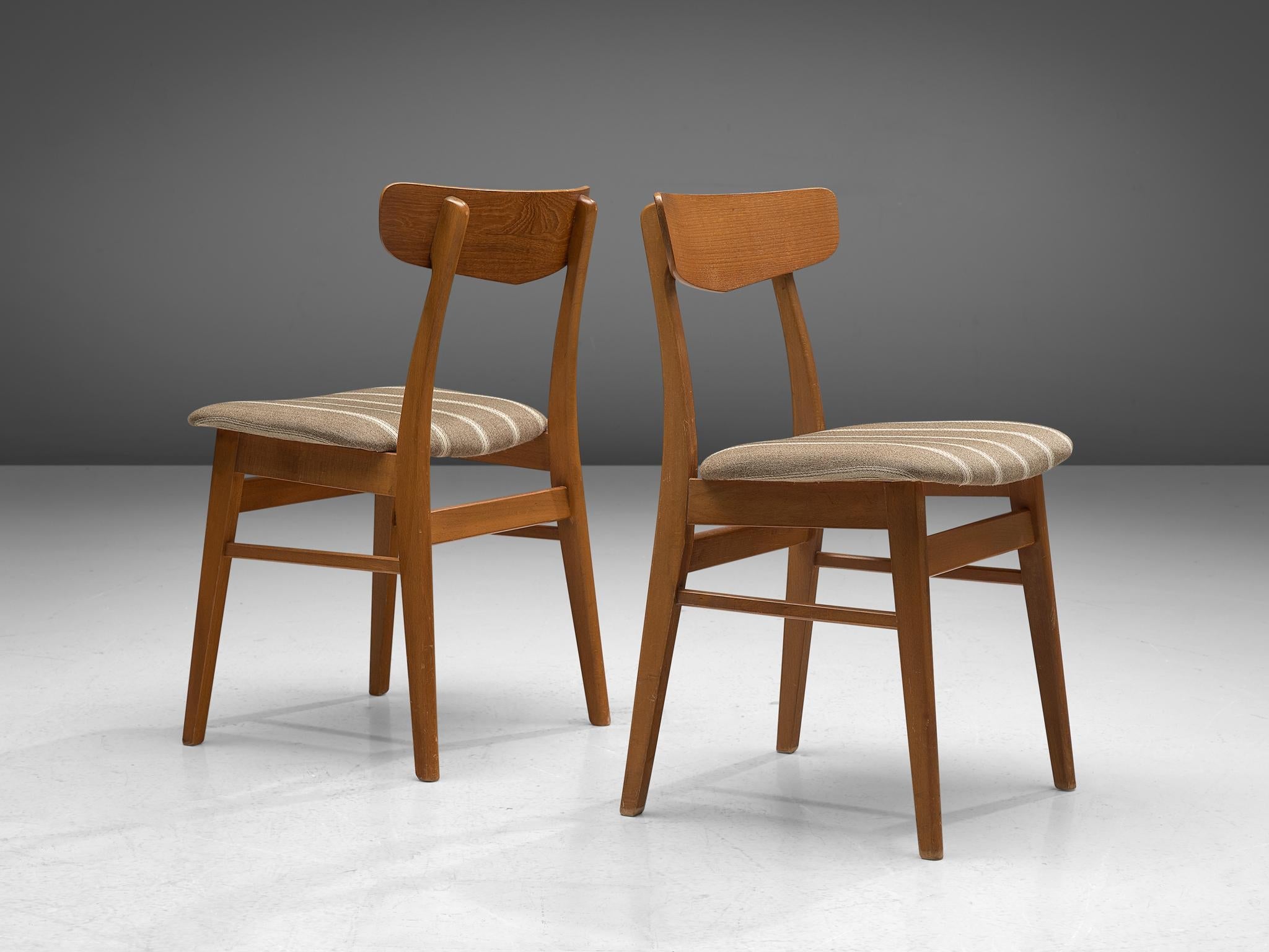 Danish Dining Chairs in Teak and Beige Striped Upholstery