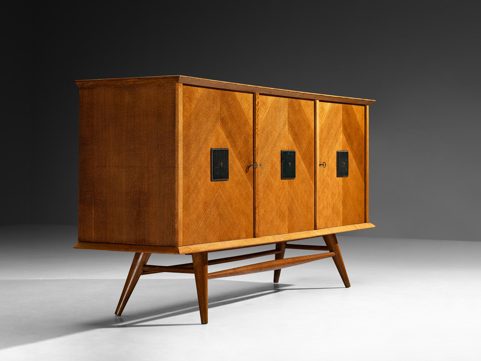 Mid-Century Modern Sideboard in Oak with Geometric Leather Details