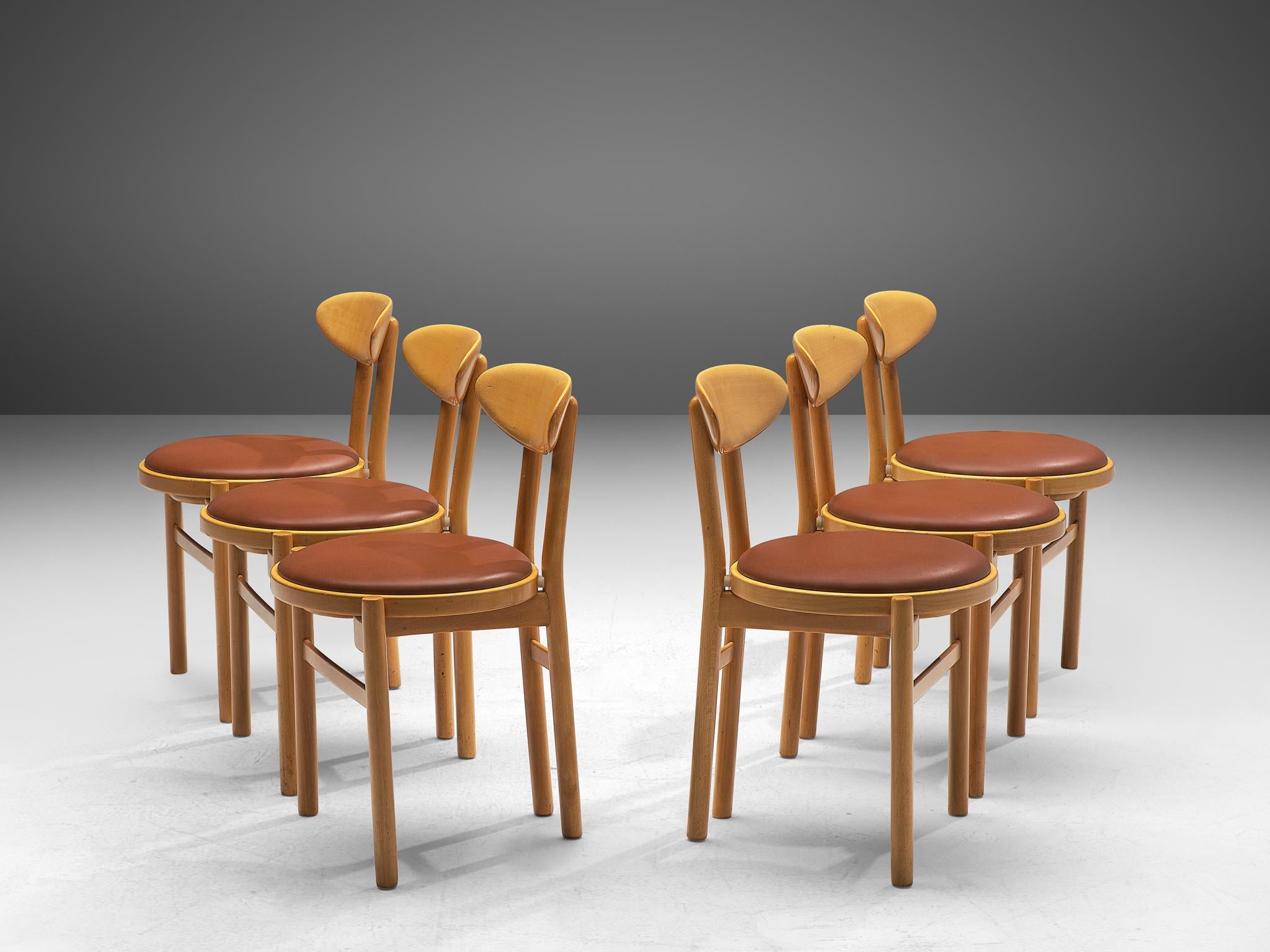 Pozzi Italian Set of Twelve Dining Chairs in Wood and Brown Upholstery