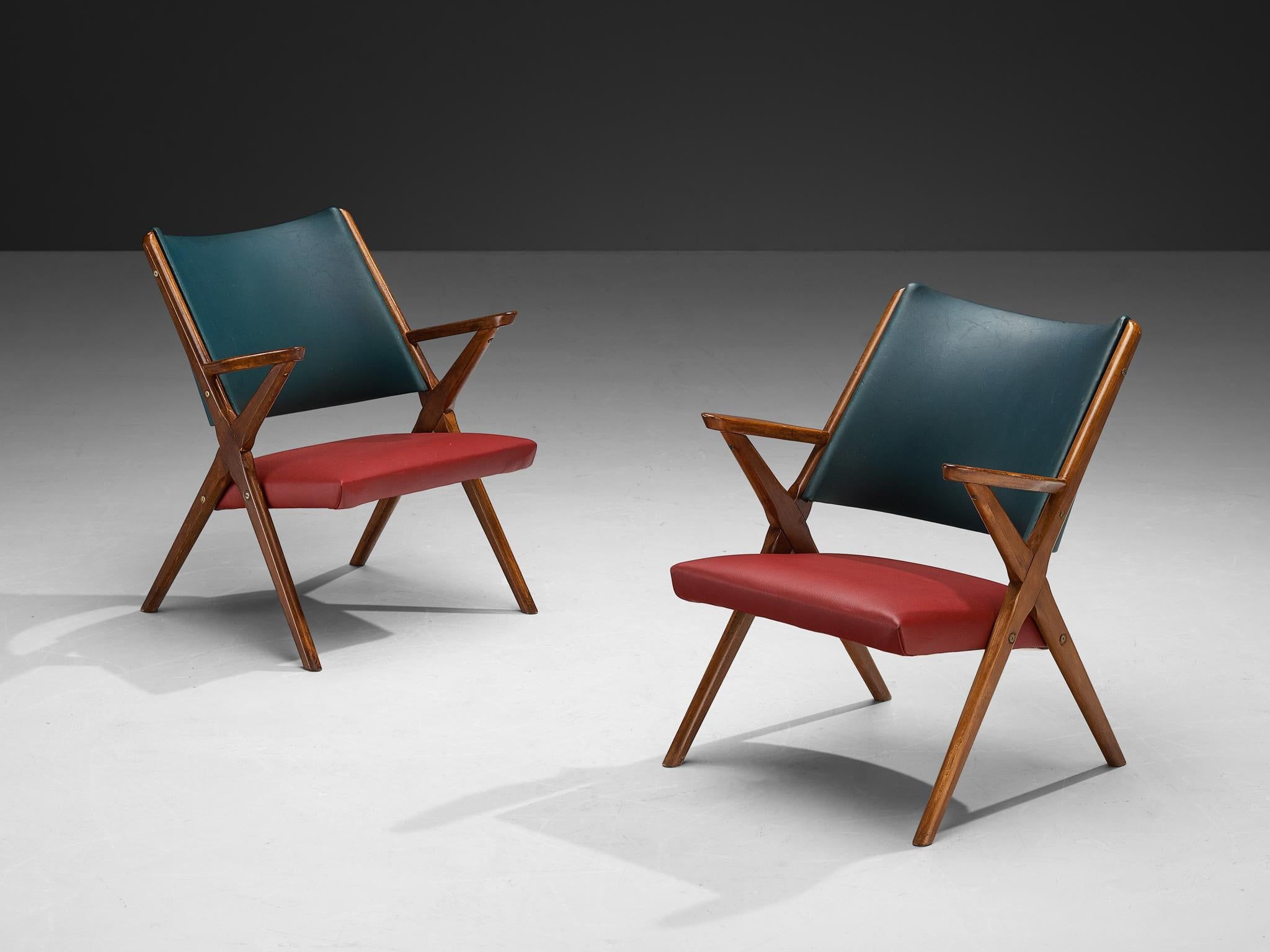 1950s Mid-Century Modern Italian Armchairs in Wood and Bicolor Fabric