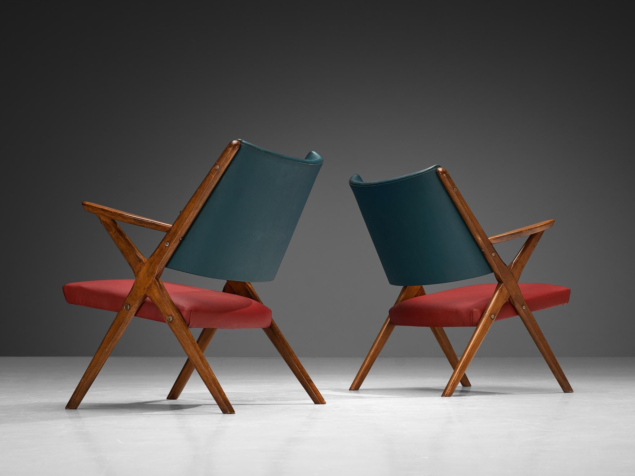 1950s Mid-Century Modern Italian Armchairs in Wood and Bicolor Fabric