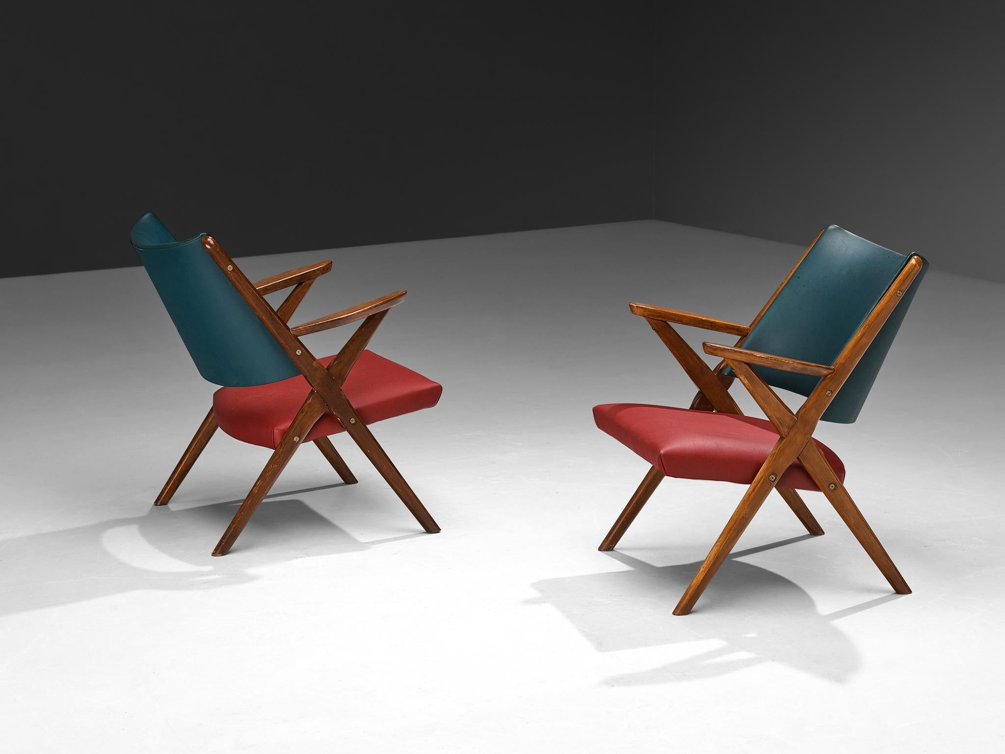 1950s Mid-Century Modern Italian Armchairs in Wood and Bicolor Fabric