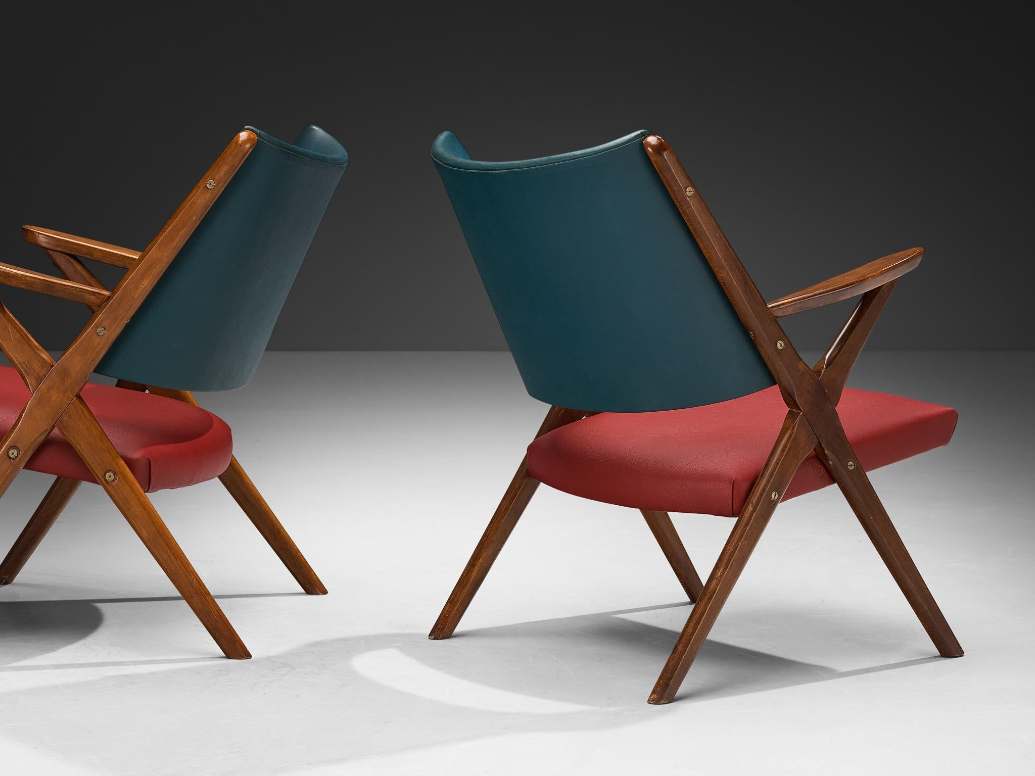 1950s Mid-Century Modern Italian Armchairs in Wood and Bicolor Fabric