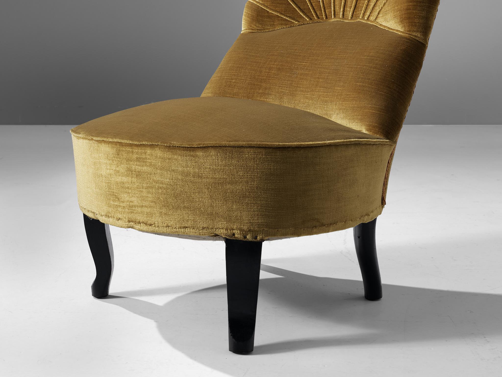 Art Deco Low Side Chair in Mustard Velours Fabric