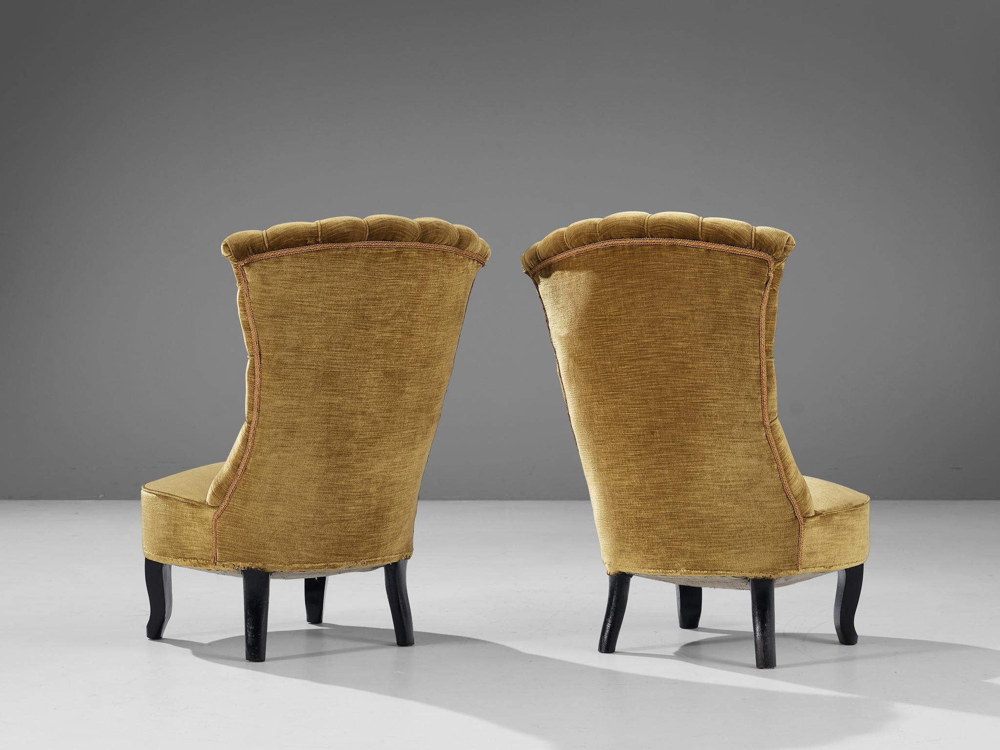 Pair of Art Deco Low Side Chairs in Mustard Velours Fabric