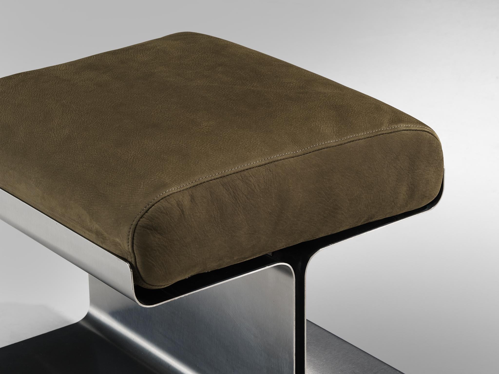 1970s Brushed Steel Ottoman with Reupholstered Olive Green Leather Cushion