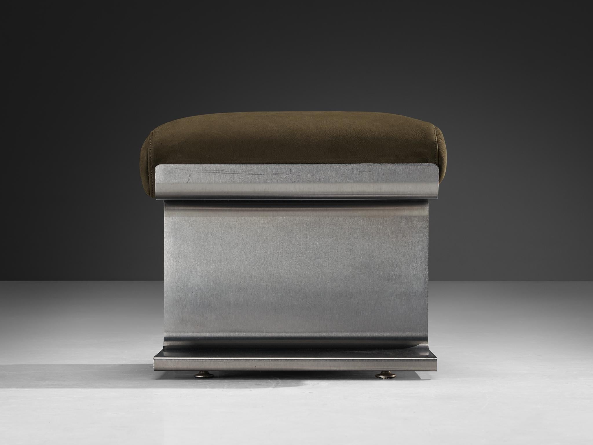 1970s Brushed Steel Ottoman with Reupholstered Olive Green Leather Cushion