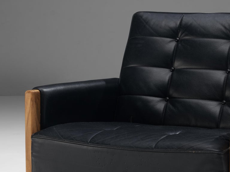 Italian Lounge Chairs in Black Leather and Stained Walnut