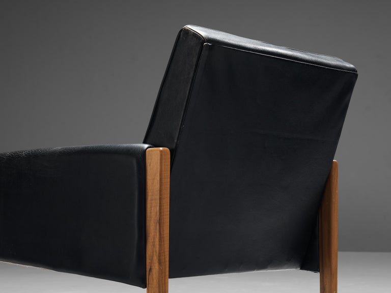 Italian Lounge Chairs in Black Leather and Stained Walnut