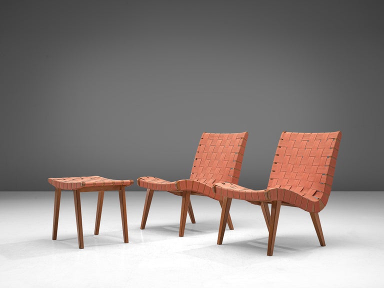 Jens Risom Pair of 'Vostra' Lounge Chairs with Ottoman in Canvas Webbing