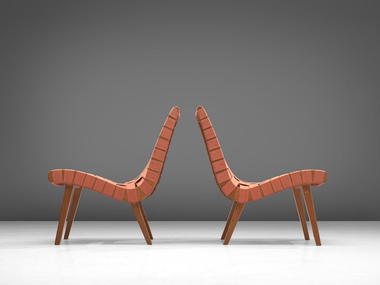 Jens Risom Pair of 'Vostra' Lounge Chairs with Ottoman in Canvas Webbing