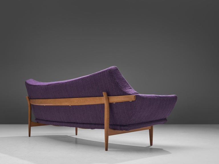 Johannes Andersen Curved Three-Seat Sofa in Royal Purple Upholstery and Oak