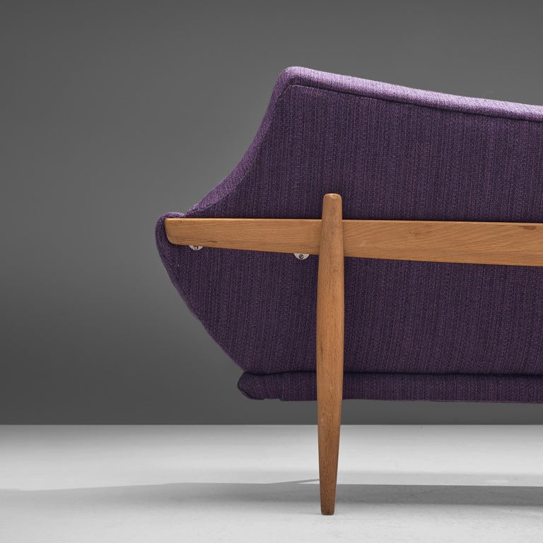 Johannes Andersen Curved Three-Seat Sofa in Royal Purple Upholstery and Oak