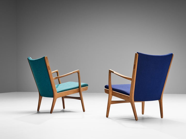 Hans J. Wegner Pair of Easy Chairs in Blue Upholstery and Oak