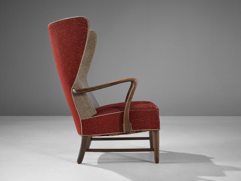 Danish High Wingback Lounge Chair in Red Upholstery