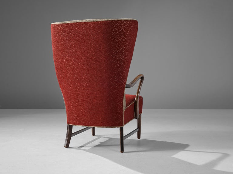 Danish High Wingback Lounge Chair in Red Upholstery