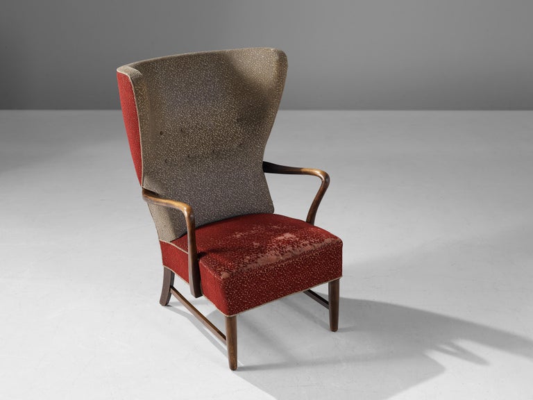 Danish High Wingback Lounge Chair in Red Upholstery