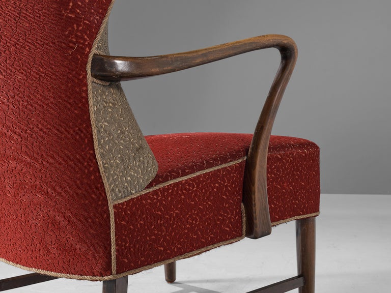 Danish High Wingback Lounge Chair in Red Upholstery