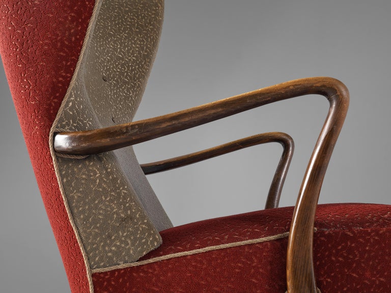 Danish High Wingback Lounge Chair in Red Upholstery