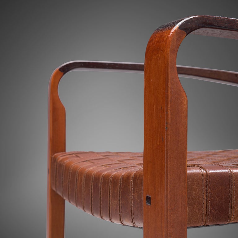 Belgian Pair of Armchairs Chairs in Leather and Oak