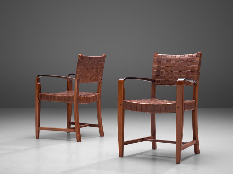 Belgian Pair of Armchairs Chairs in Leather and Oak