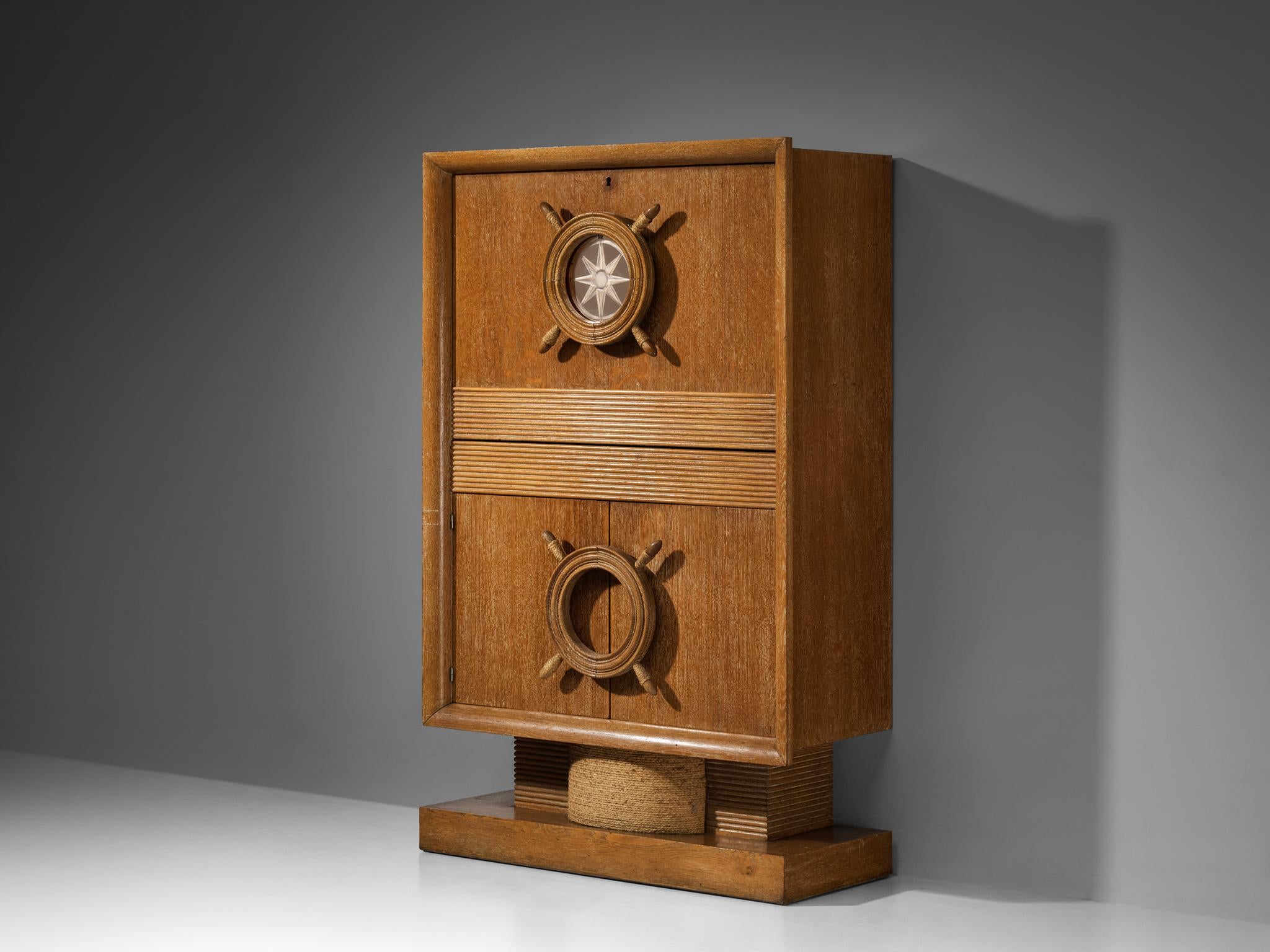 Nautical Bar Cabinet in Oak in Style of Charles Dudouyt