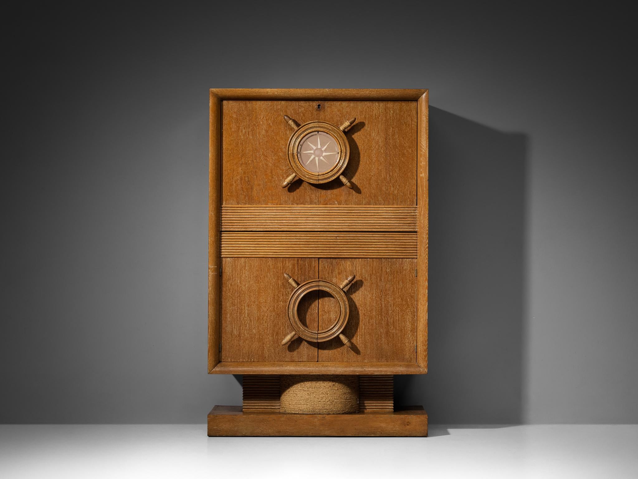 Nautical Bar Cabinet in Oak in Style of Charles Dudouyt