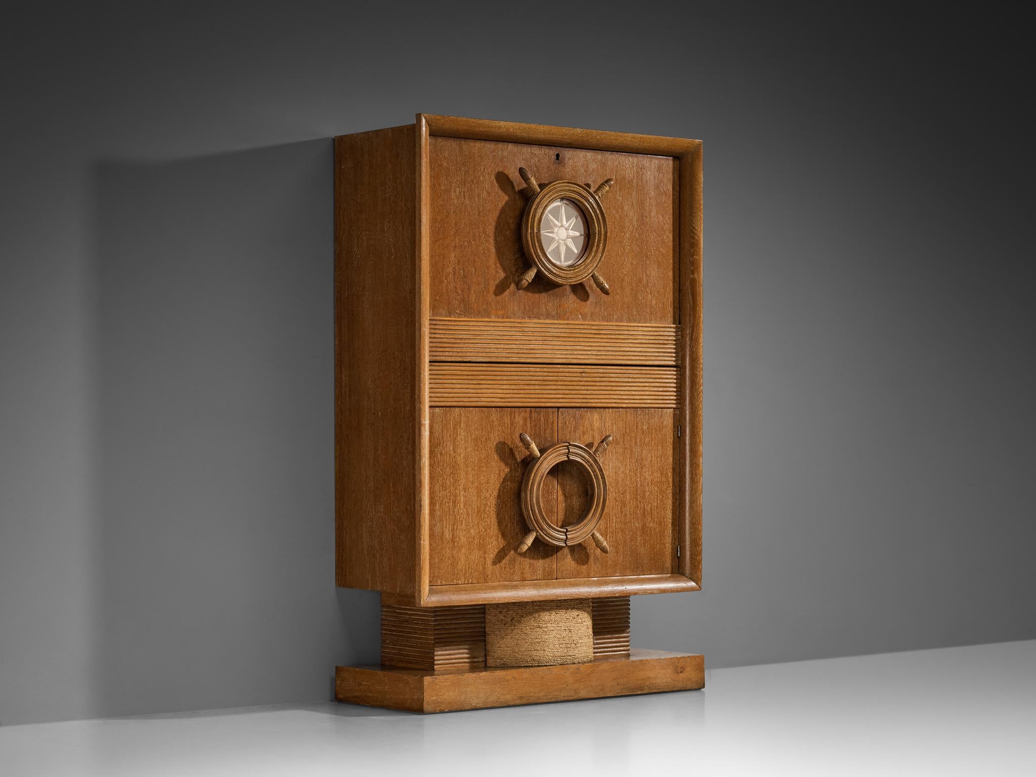 Nautical Bar Cabinet in Oak in Style of Charles Dudouyt