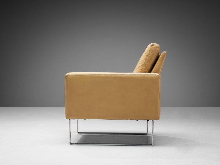 Lounge Chair in Camel Yellow Leather with Metal Base