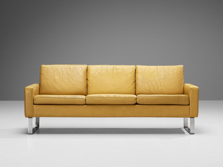 Mid-Century Modern Sofa in Camel Yellow Leather and Steel