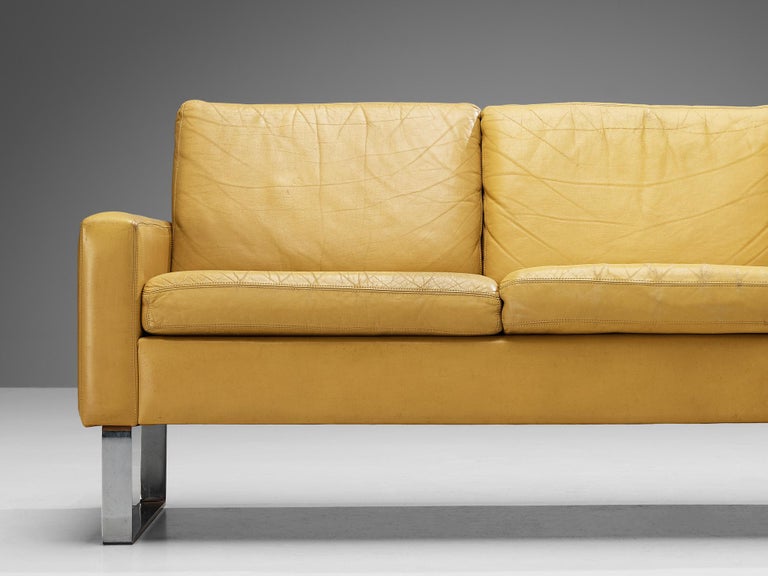 Mid-Century Modern Sofa in Camel Yellow Leather and Steel