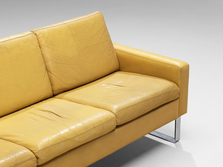 Mid-Century Modern Sofa in Camel Yellow Leather and Steel