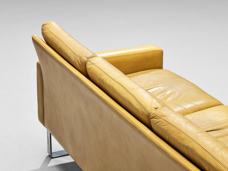 Mid-Century Modern Sofa in Camel Yellow Leather and Steel