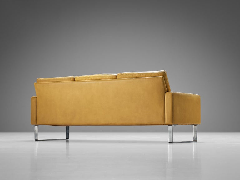 Mid-Century Modern Sofa in Camel Yellow Leather and Steel