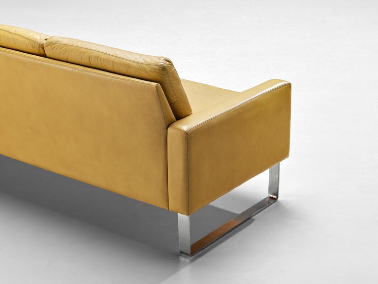 Mid-Century Modern Sofa in Camel Yellow Leather and Steel