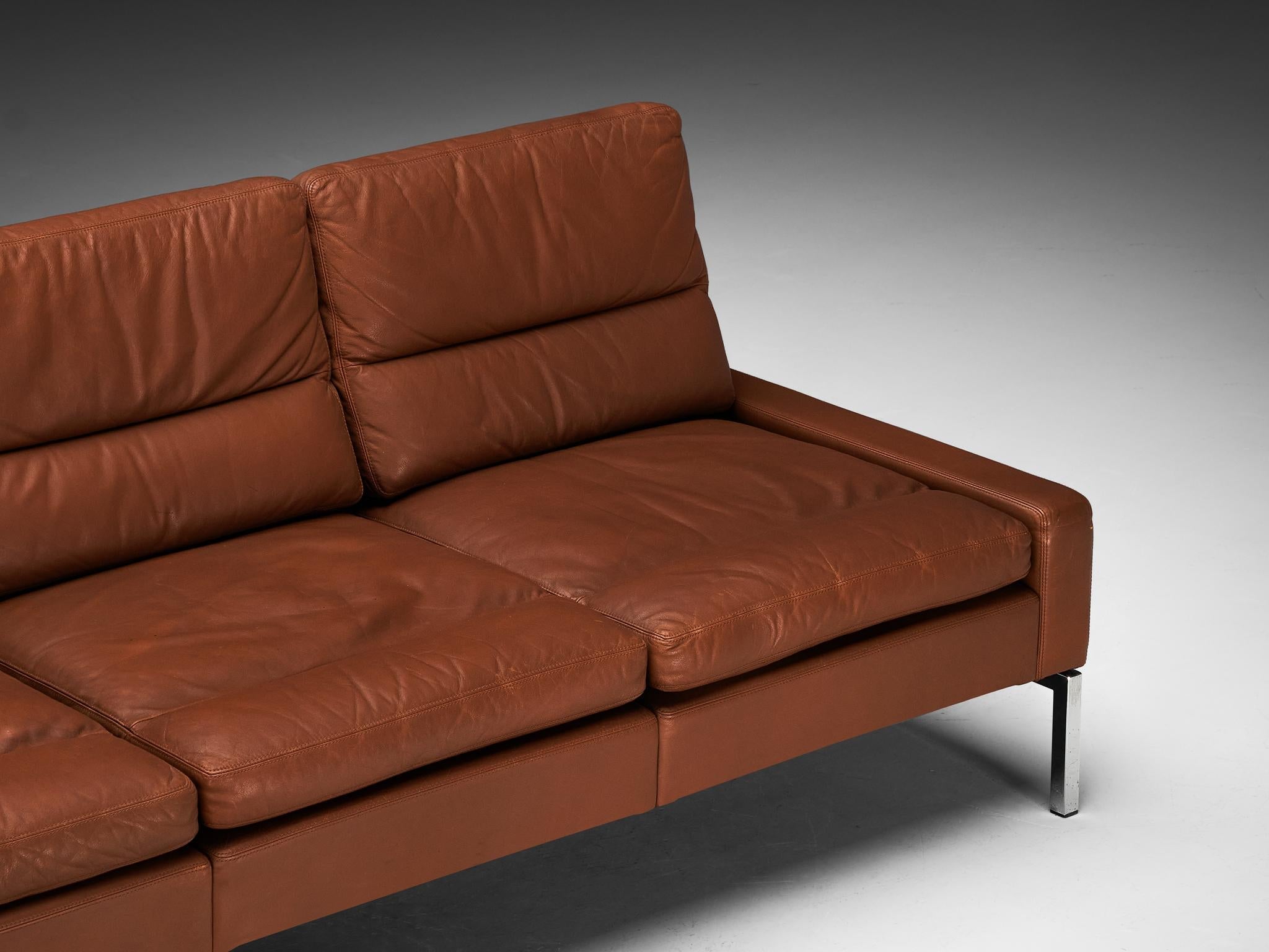 Wilkhahn German Sofa in Brown Leather with Metal Frame