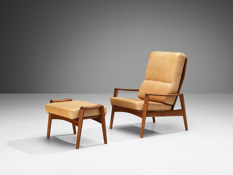 Arne Wahl Iversen Armchair with Ottoman in Teak and Camel Leather