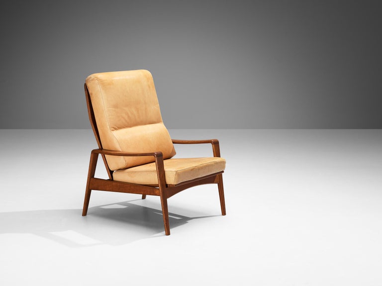 Arne Wahl Iversen Armchair with Ottoman in Teak and Camel Leather