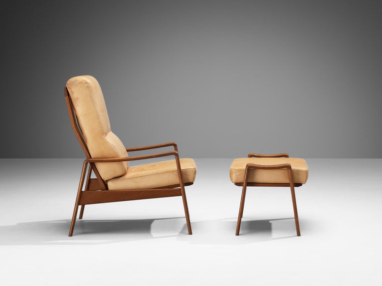 Arne Wahl Iversen Armchair with Ottoman in Teak and Camel Leather