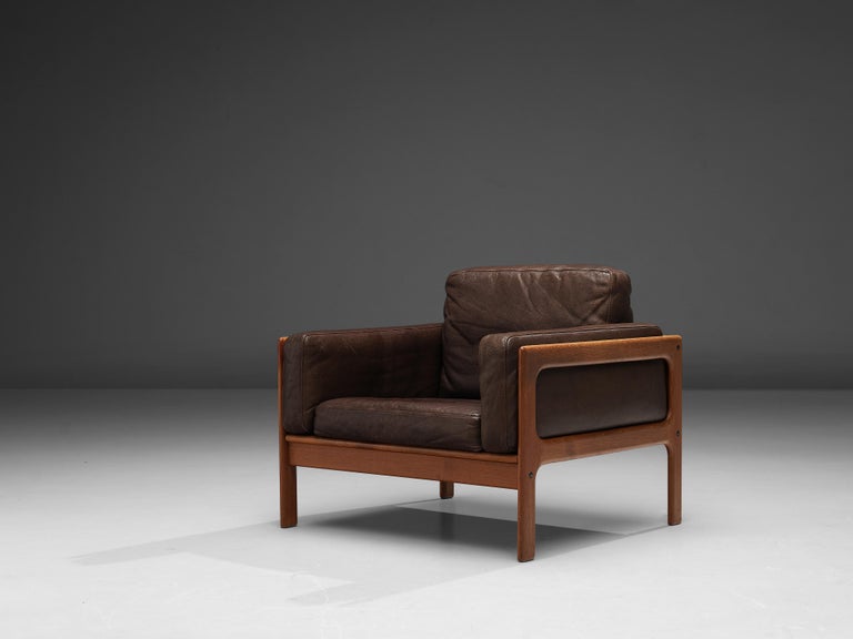 Danish Lounge Chair in Brown Leather and Teak