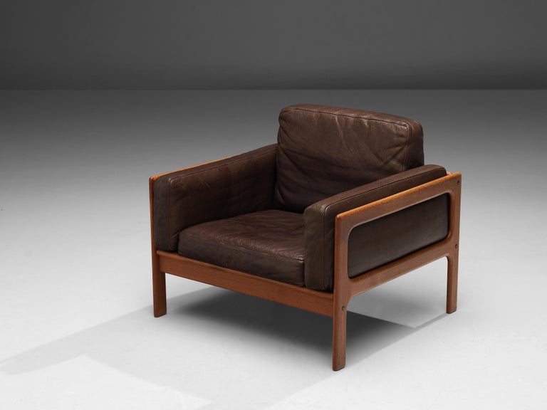 Danish Lounge Chair in Brown Leather and Teak