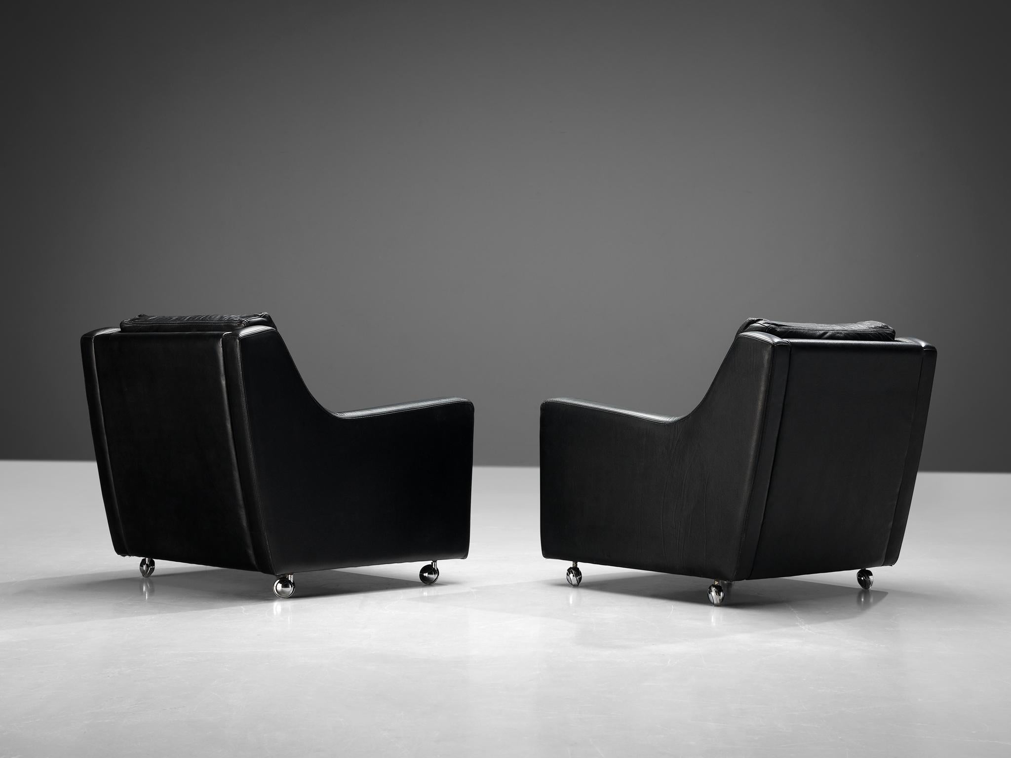 Streamlined Modern Pair of Lounge Chairs in Black Leather