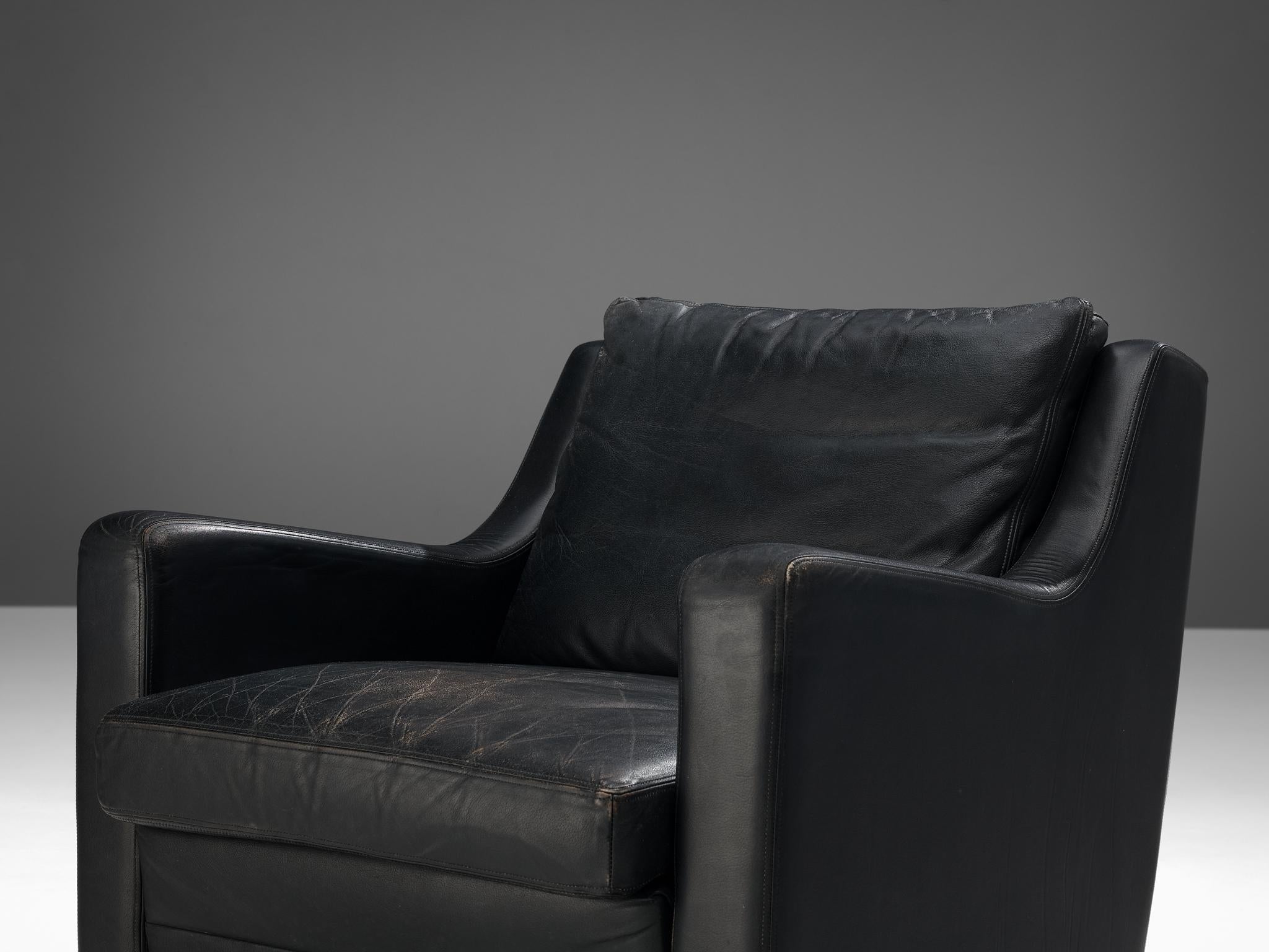 Streamlined Modern Pair of Lounge Chairs in Black Leather