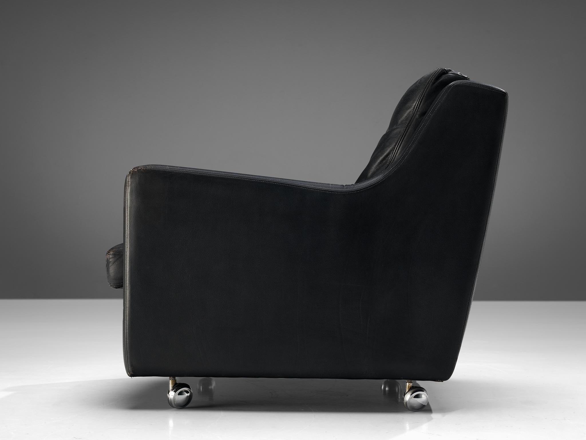 Streamlined Modern Pair of Lounge Chairs in Black Leather